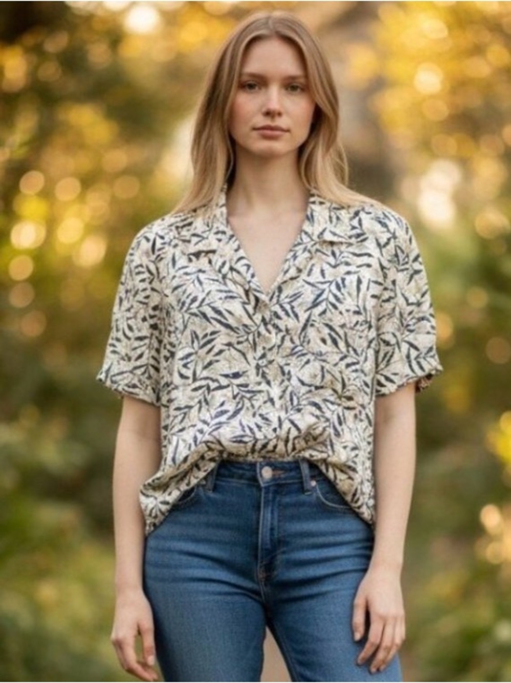 Casual Corner 100% Silk Cream Green Leaf Print Short Sleeve Blouse Sz 12